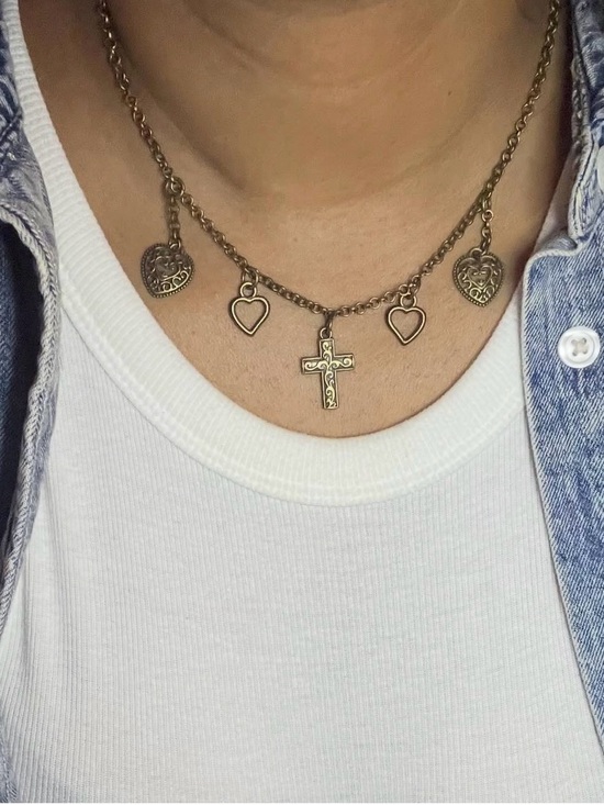 Beyond Grateful Jewelry - Antique Bronze Heart & Cross Charm Necklace